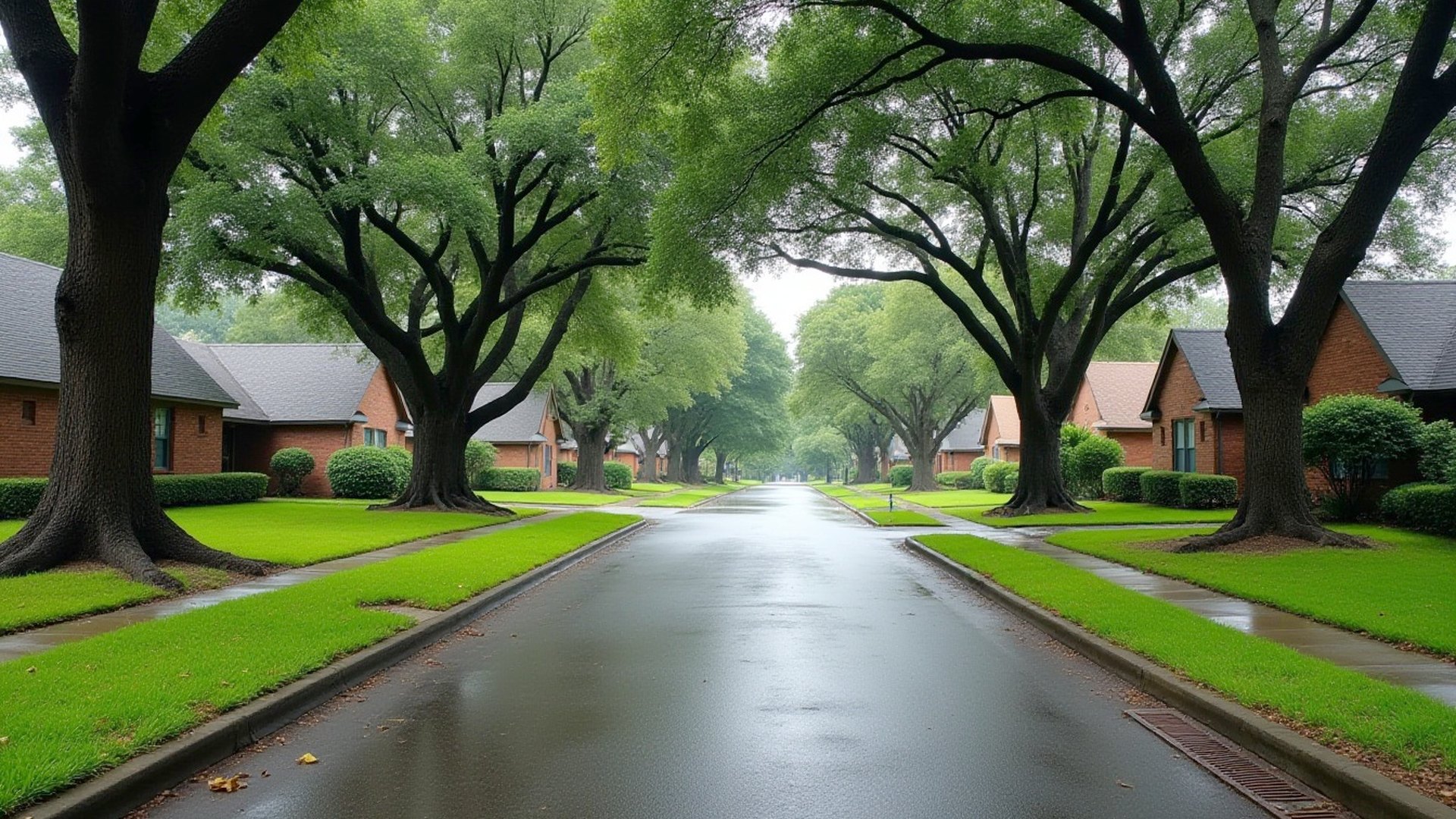 Quiet Houston suburban street of brick homes and live oaks on a clear morning after rain