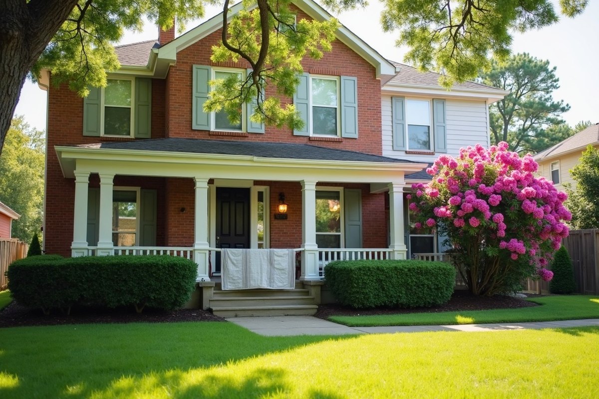 Two-story brick and siding Houston home on a sunny day with windows open and a rug drying over the porch rail