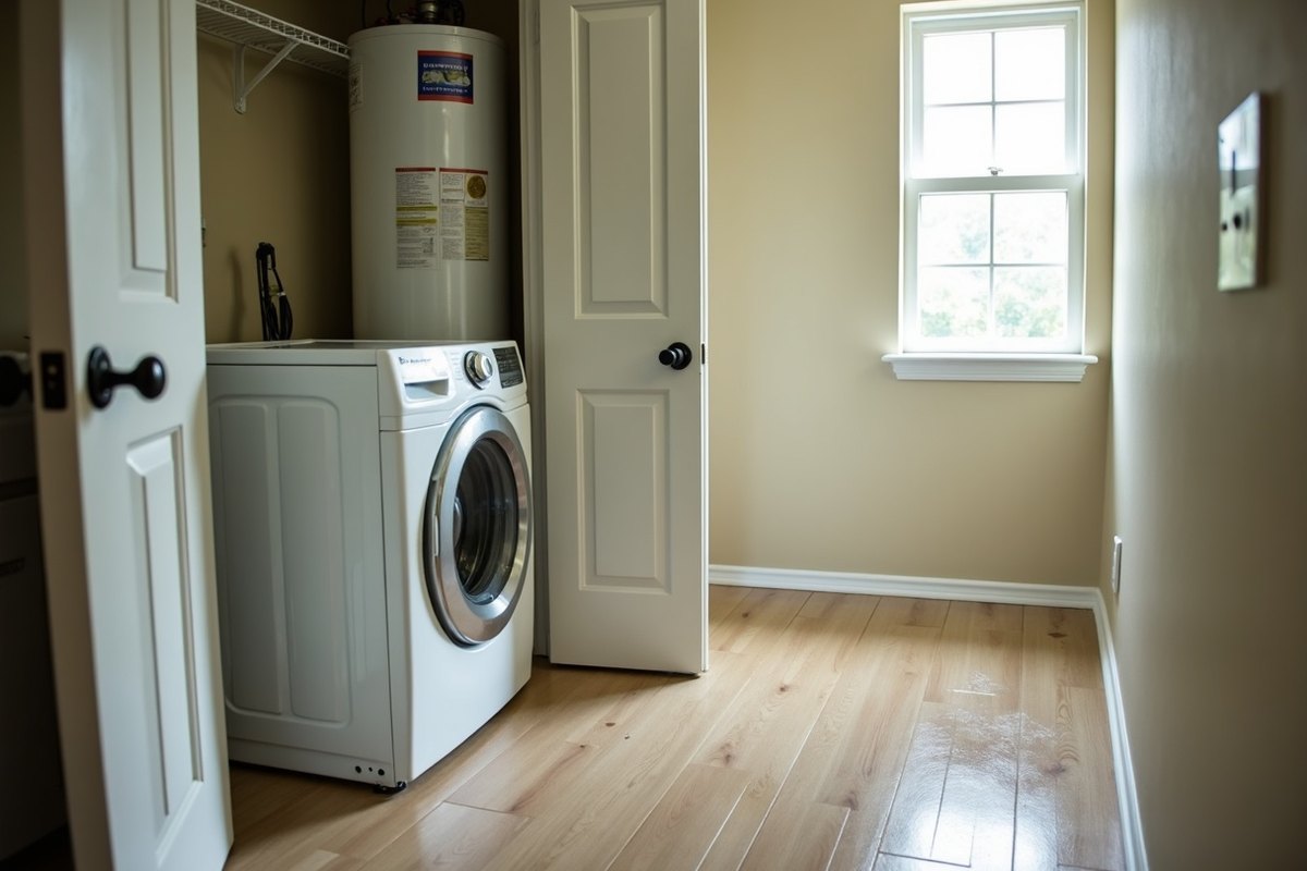 Laundry room in an Alvin home with water spreading across vinyl flooring from a leaking water heater closet