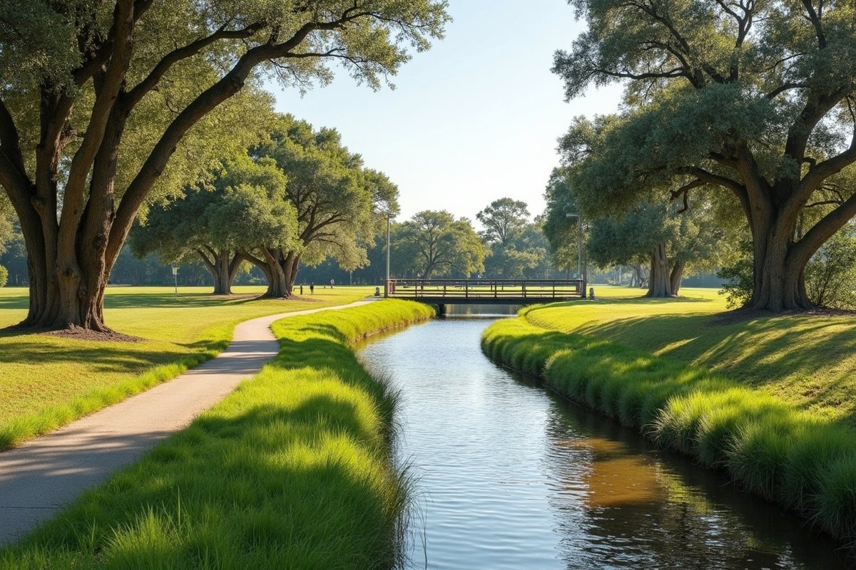 Mustang Bayou in Alvin with grassy banks and a paved hike and bike trail beside it
