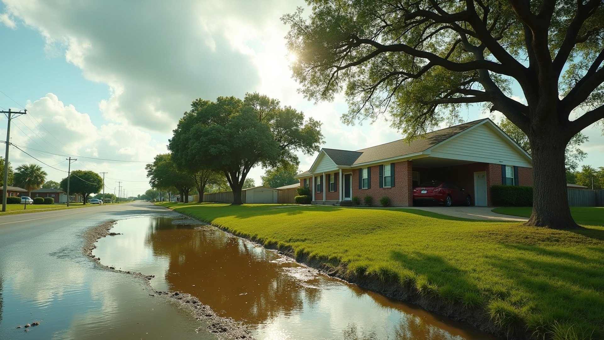 Single-story brick and siding homes on a tree-lined Alvin street with standing rainwater in the roadside ditch