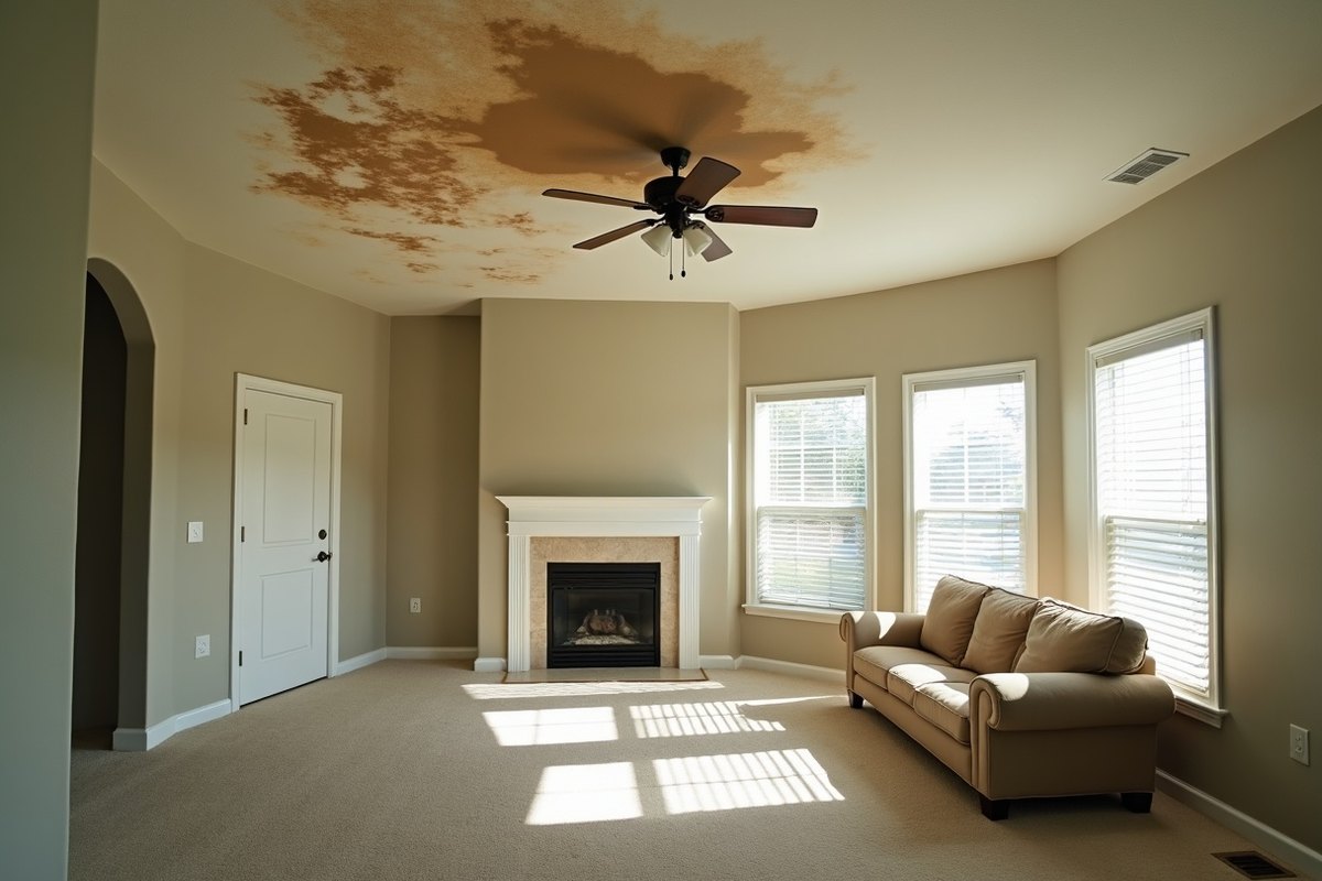 Living room ceiling in an Atascocita two-story home with a brown water stain spreading below an upstairs bathroom