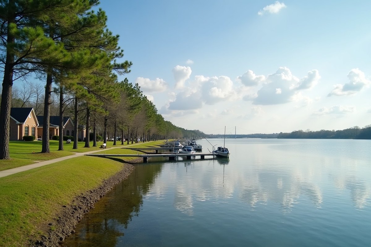 Calm Lake Houston shoreline near Atascocita with pine trees and homes along the water on a bright morning