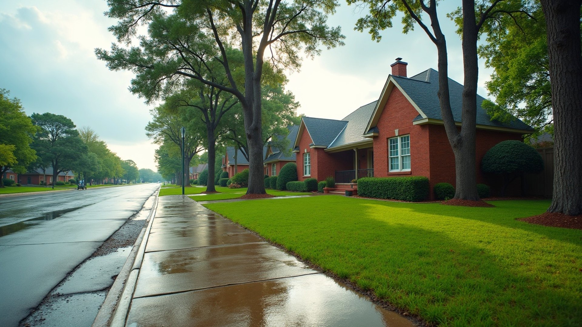 Two-story brick home in an Atascocita subdivision with tall pines, a soaked lawn and rain puddles on the driveway