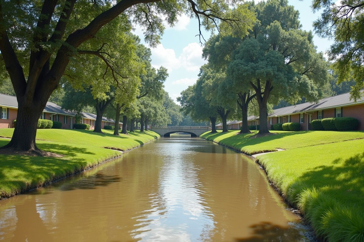 Goose Creek in Baytown running high and brown after heavy rain, with grassy banks and homes beyond the trees