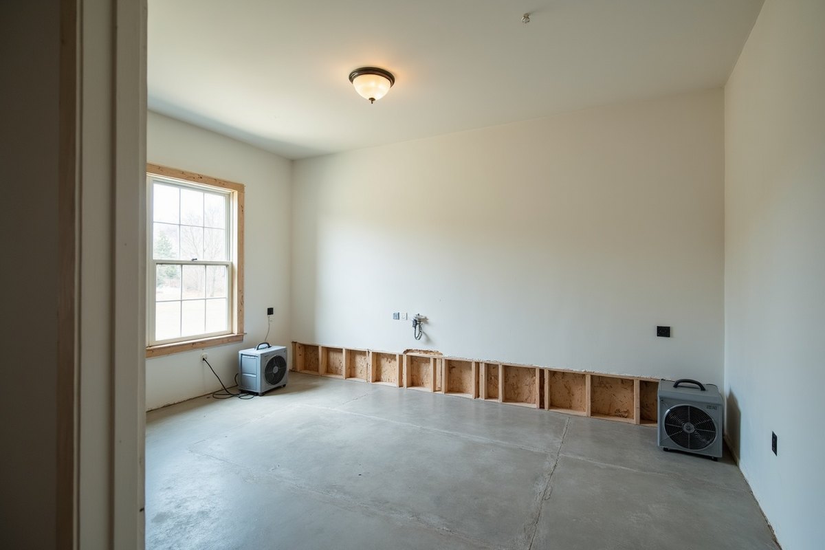 Living room of a Baytown brick home seen from the front door, with the lower drywall cut away and drying fans on a bare concrete floor