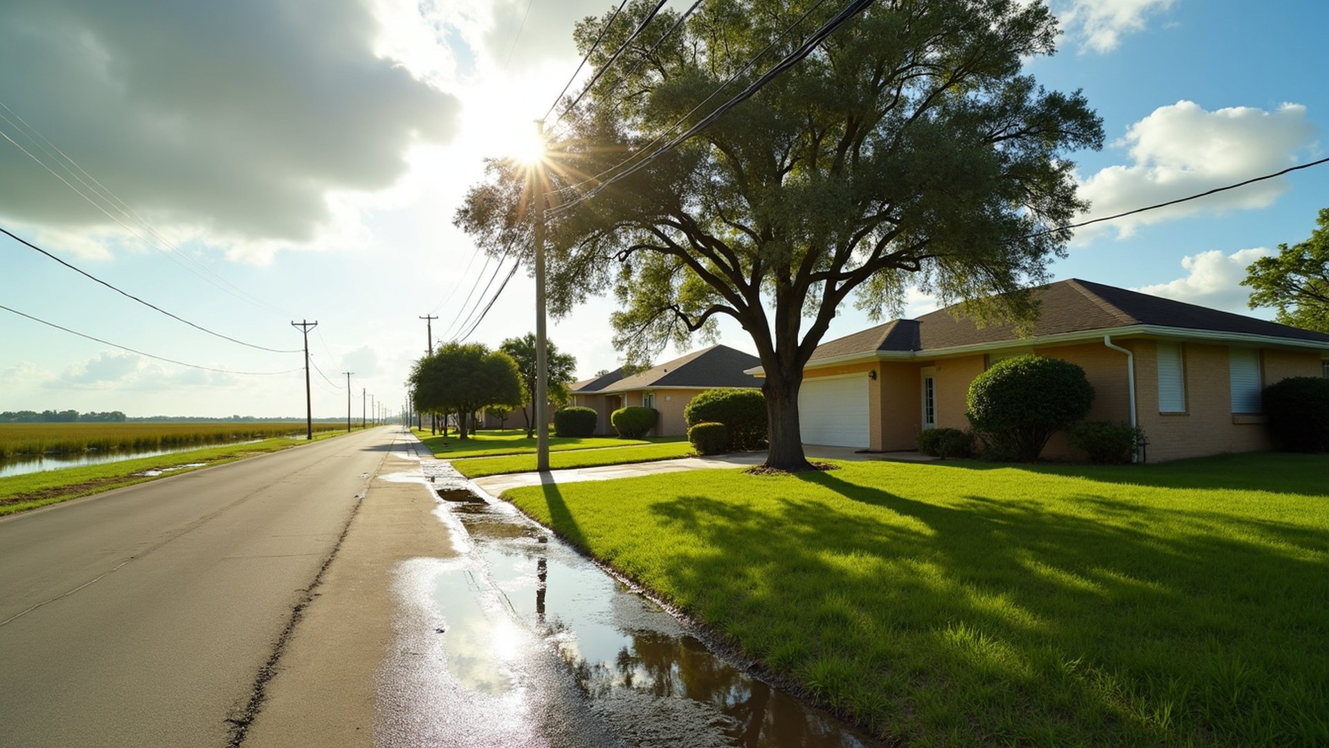 Brick ranch home on a Baytown street near the bay after a storm, with a wet lawn and puddles along the curb