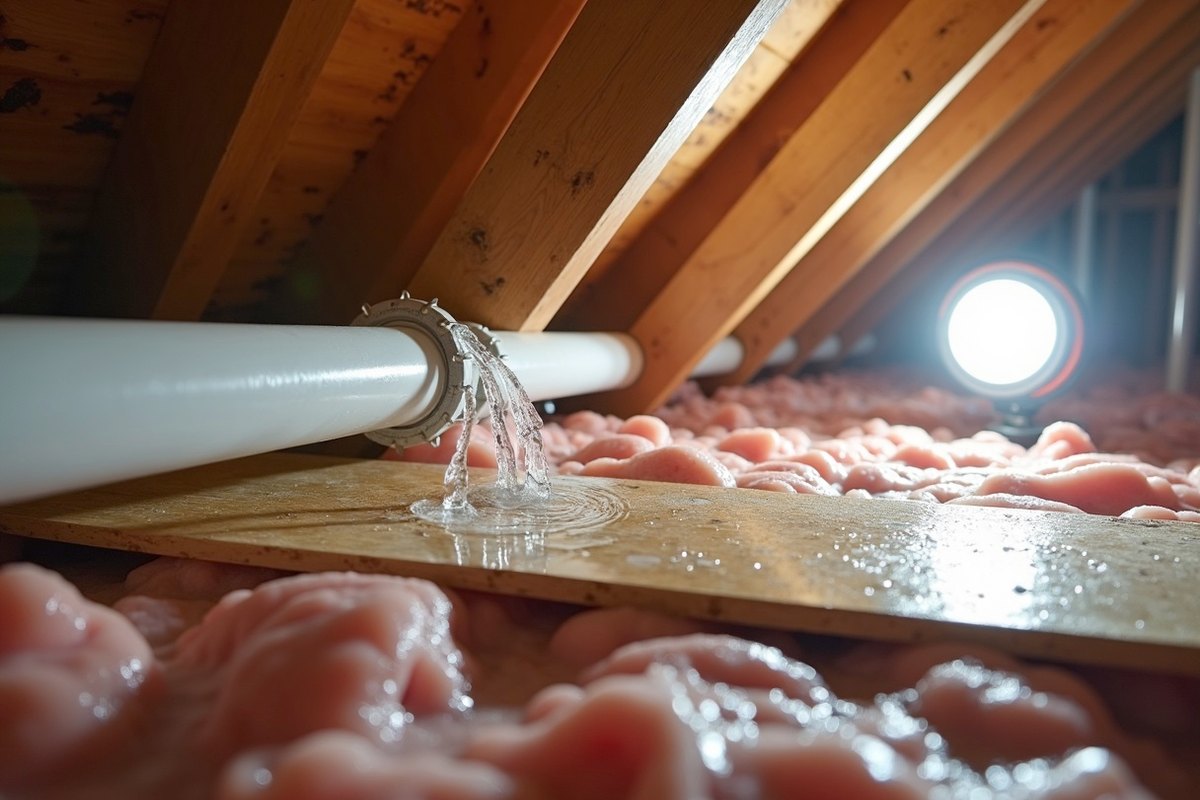 Attic of a Houston home with a section of white plastic water line exposed between ceiling joists above a stained ceiling