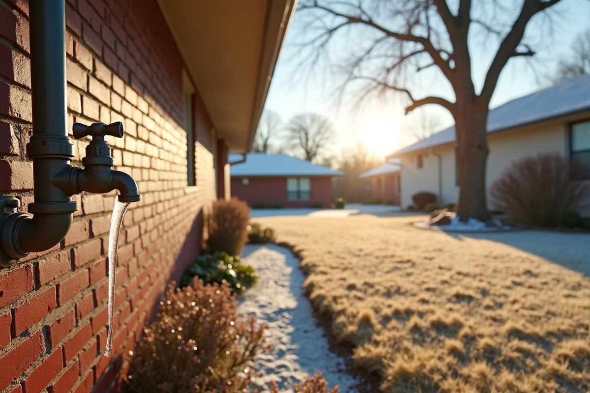 Exterior brick wall of a Houston home in winter with icicles hanging from a hose faucet and frost on the lawn