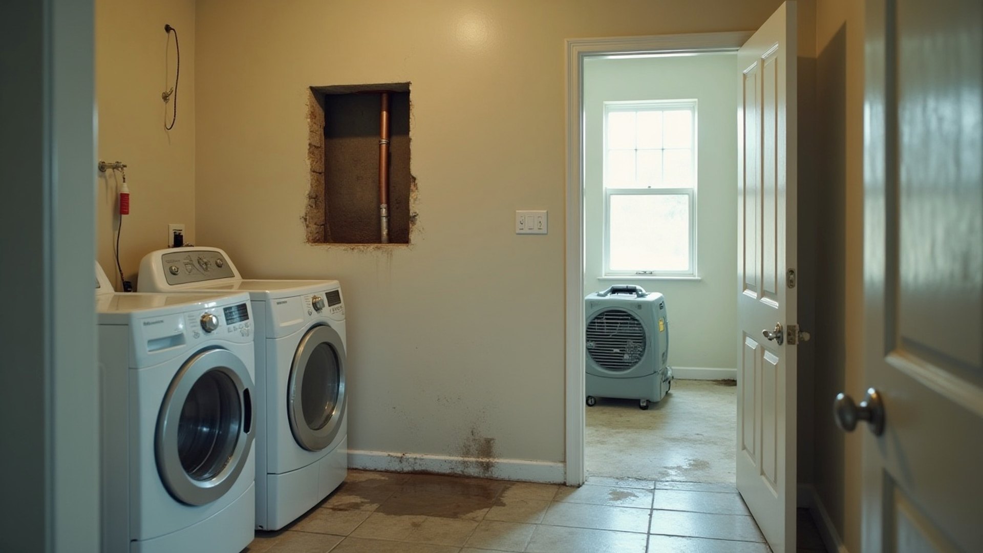 Open drywall in a Houston laundry room showing a split copper pipe with water stains running down the wall to a wet tile floor