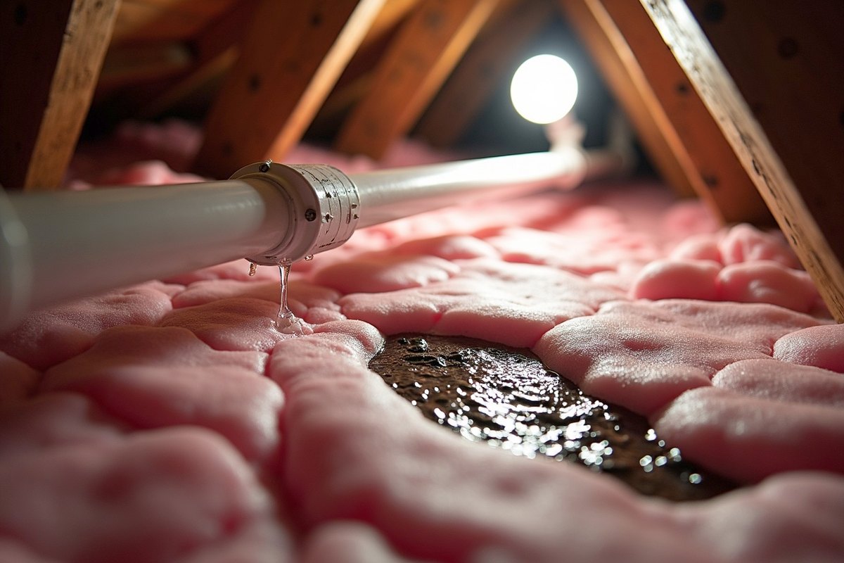 Exposed water line running through the attic of a Houston home above pink insulation, with a split section and a wet stain on the decking