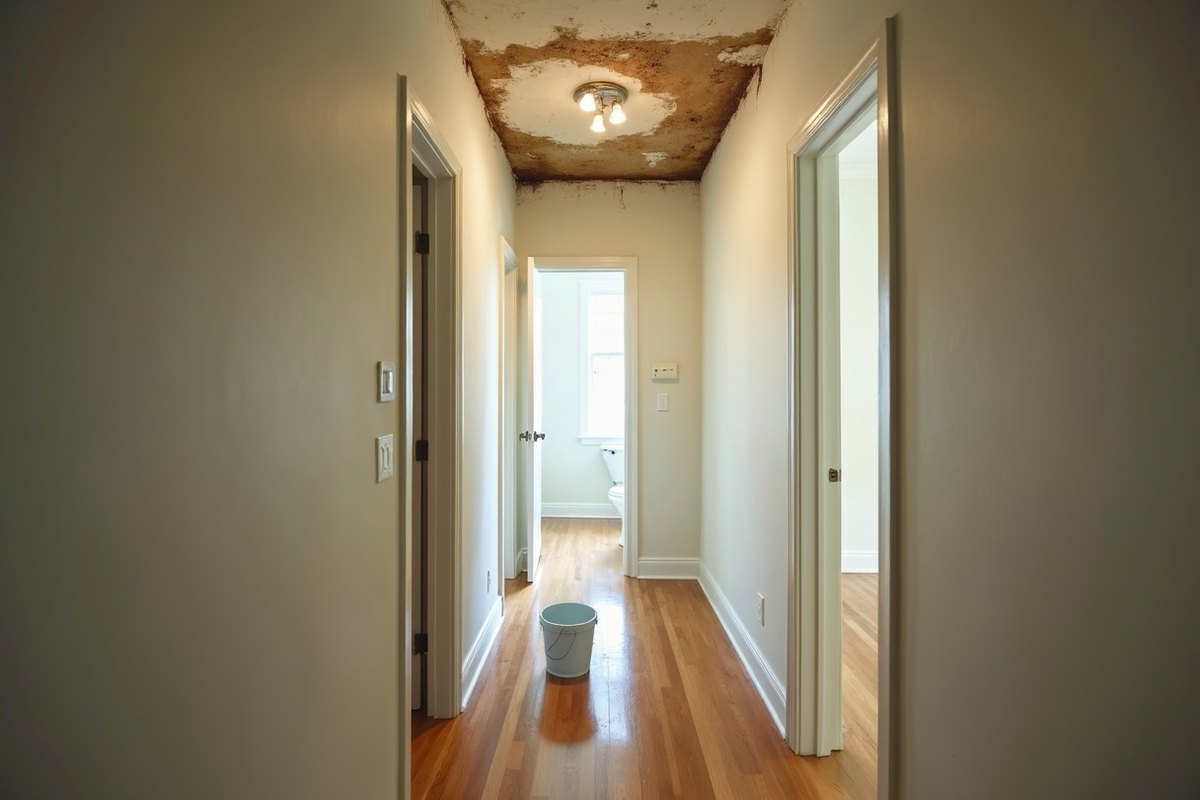 Sagging stained ceiling drywall in a Houston hallway below an upstairs bathroom where a pipe burst, with a bucket on the floor