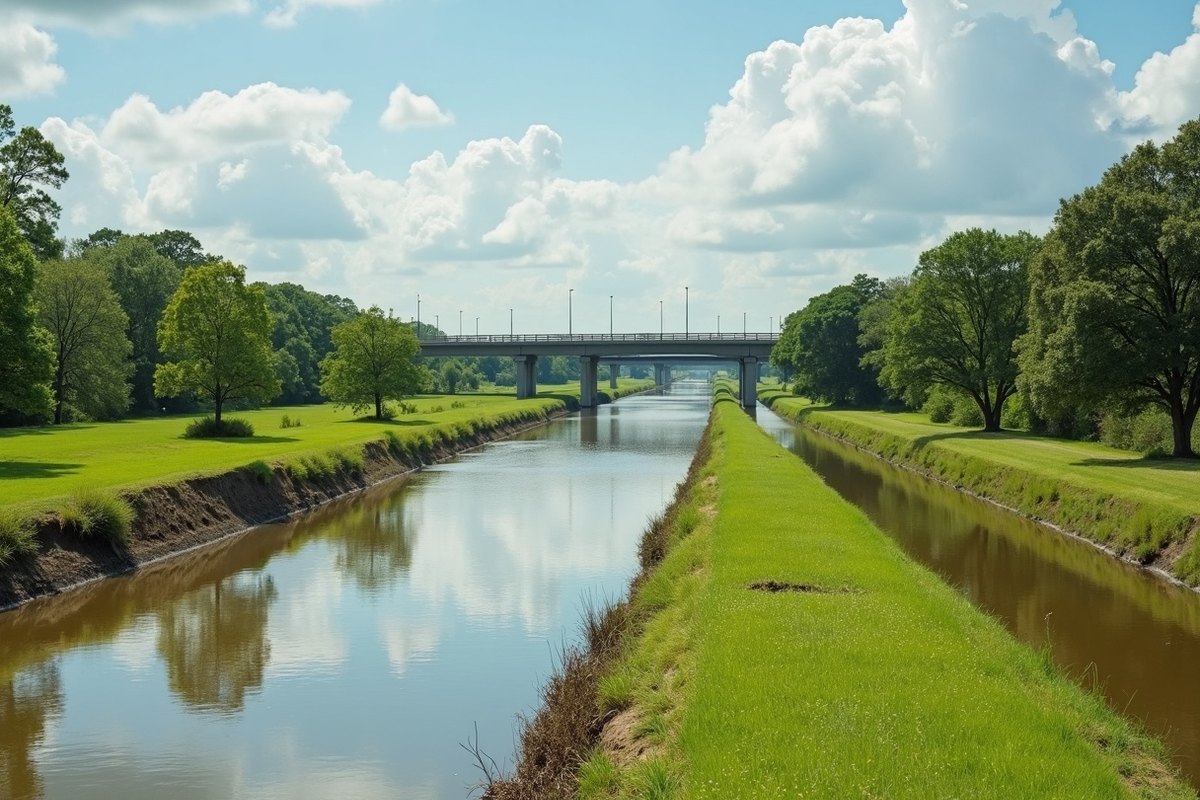 Carpenters Bayou in Channelview running high between grassy banks after a storm, with a highway overpass in the distance