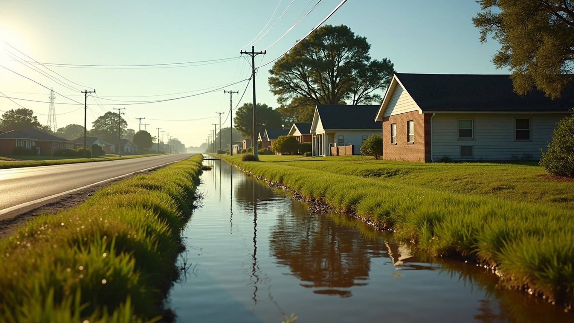 Single-story home in Channelview with a wet yard after heavy rain and a grassy drainage ditch running full along the street