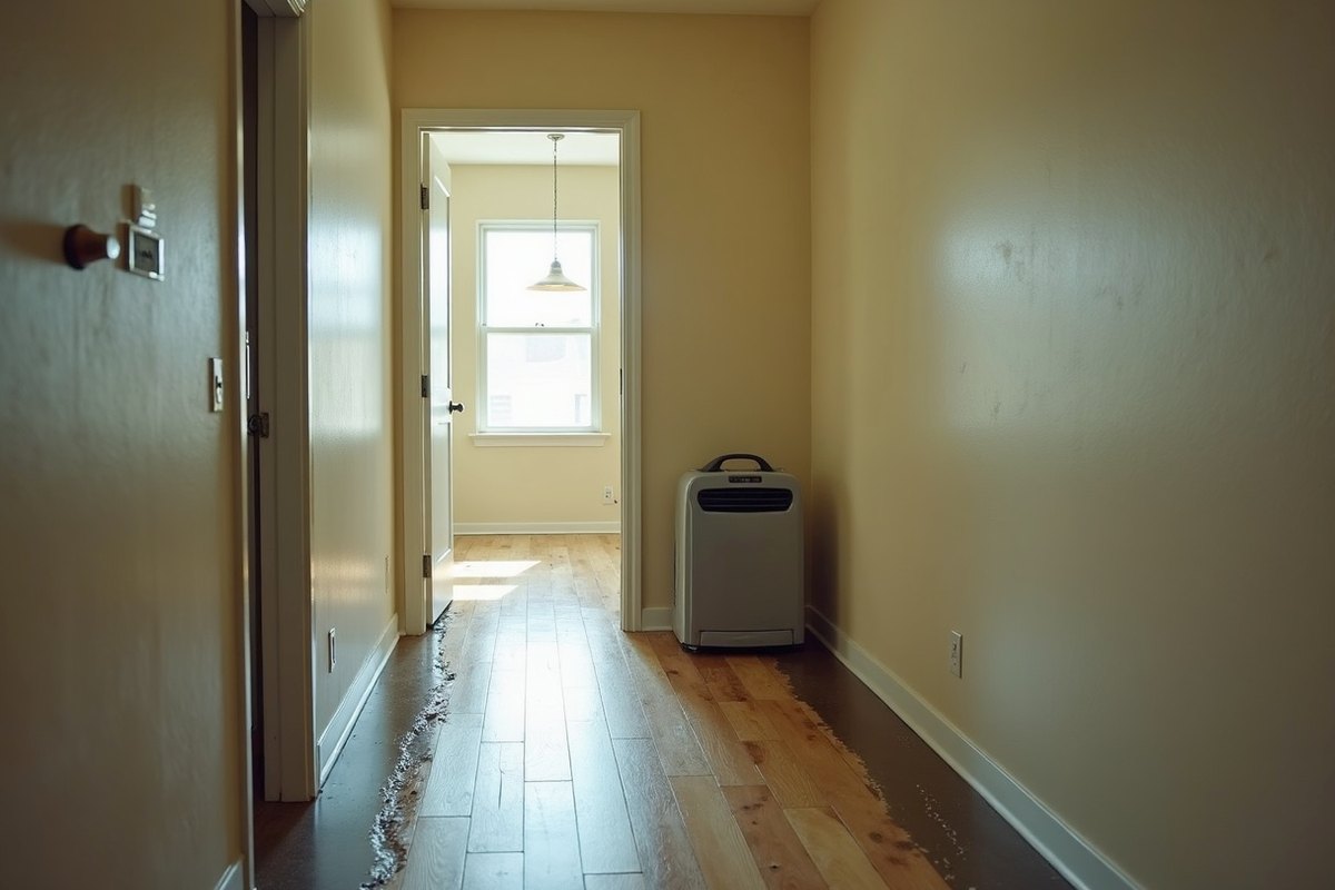 Hallway of a Channelview home with wet laminate flooring and a damp line on the lower drywall after a leak