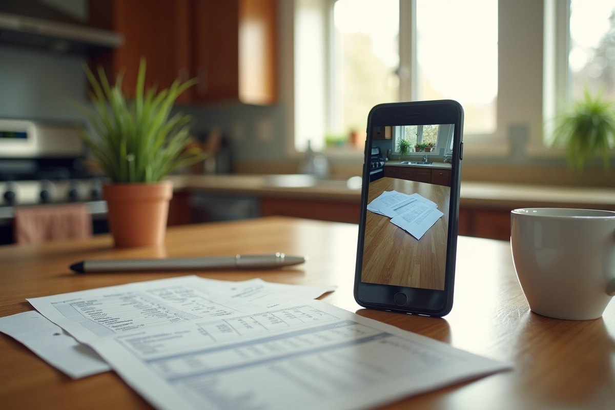 Kitchen table in a Houston home with a printed estimate, a phone showing photos of water damage and a pen