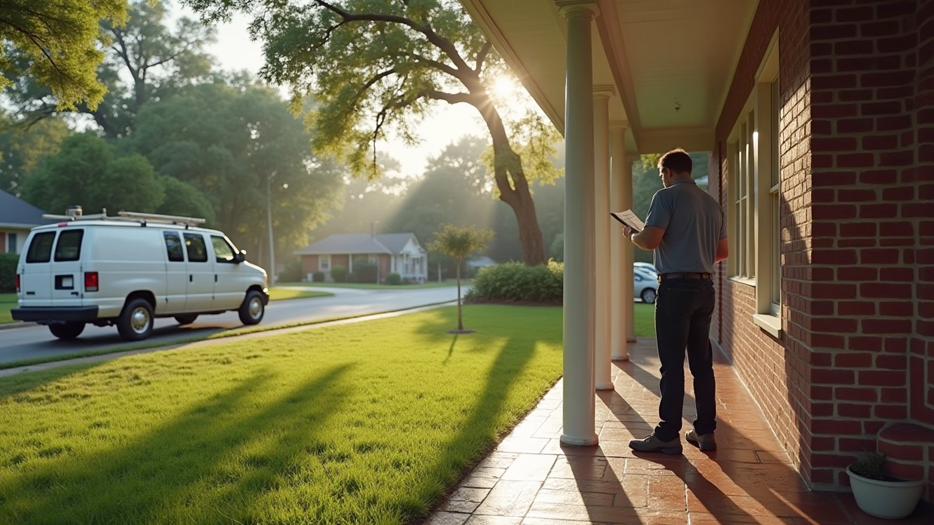 Homeowner seen from behind reading a printed estimate on the front porch of a Houston brick home after a storm