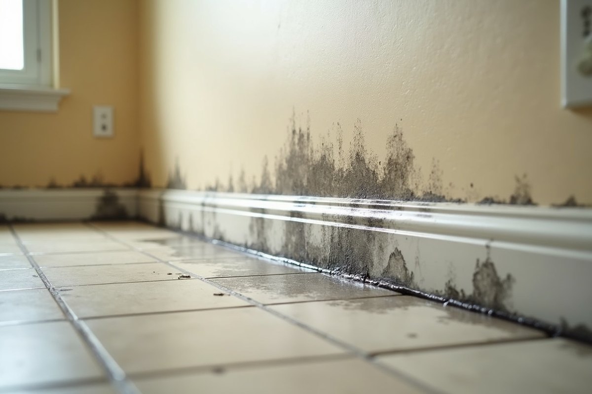 Lower section of a painted wall in a Houston home with dark mold spots spreading above a water-stained baseboard