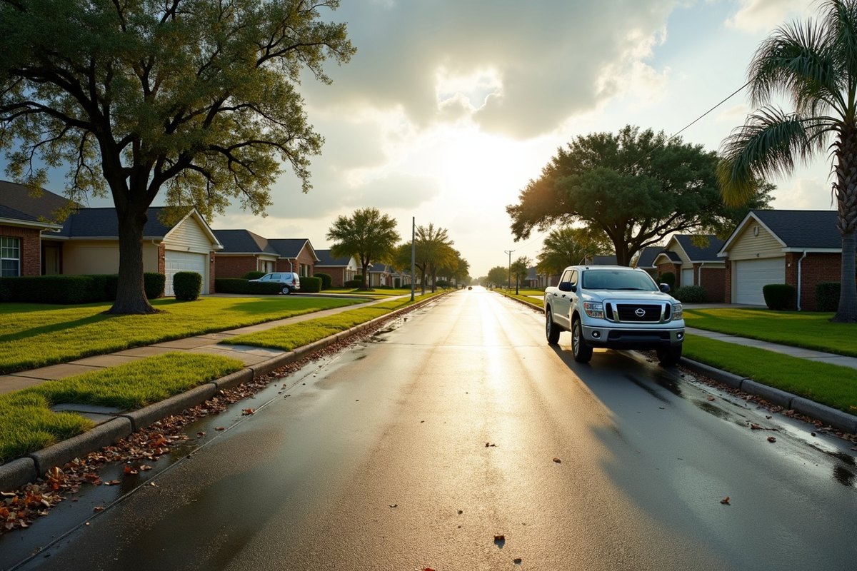 Houston suburban street after a storm with wet curbs, scattered branches and a plain unmarked pickup truck parked by a lawn