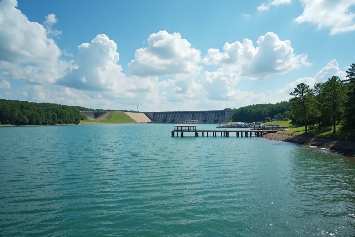 The broad blue water of Lake Conroe with a pine shoreline and an earthen dam in the distance on a bright day