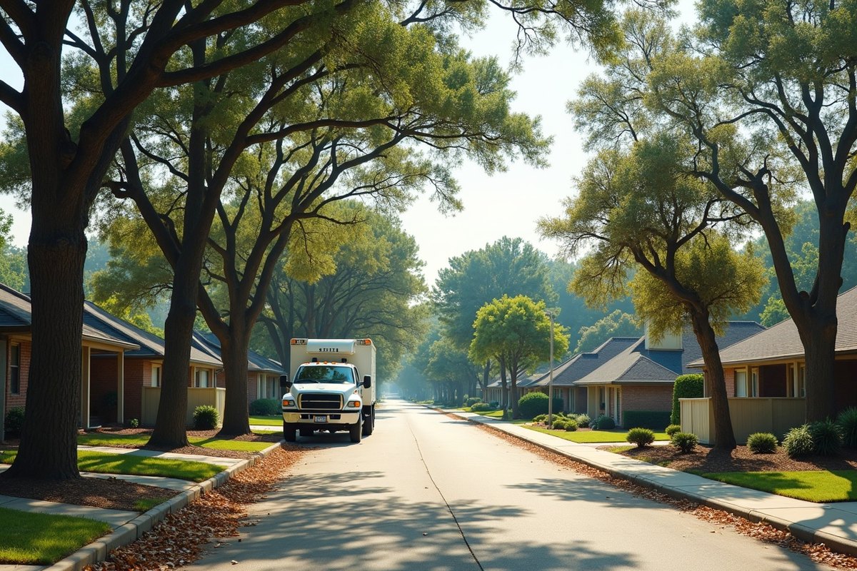 A Conroe neighborhood street lined with pines and brick homes after a storm, with leaves on the ground and a white work truck on the road