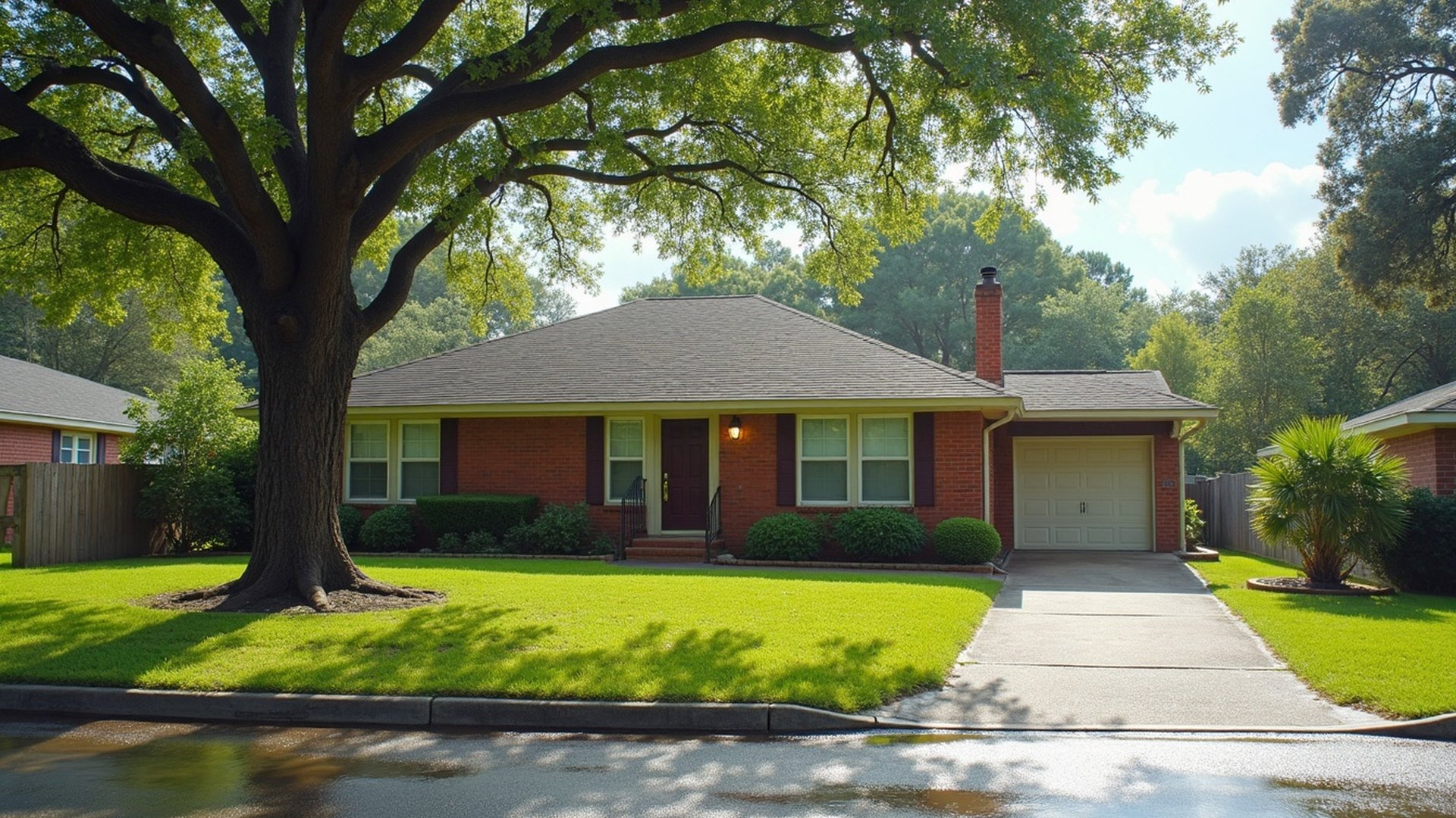 Brick ranch home with pine trees in a Conroe neighborhood after a storm, with a soaked yard and broken branches by the driveway