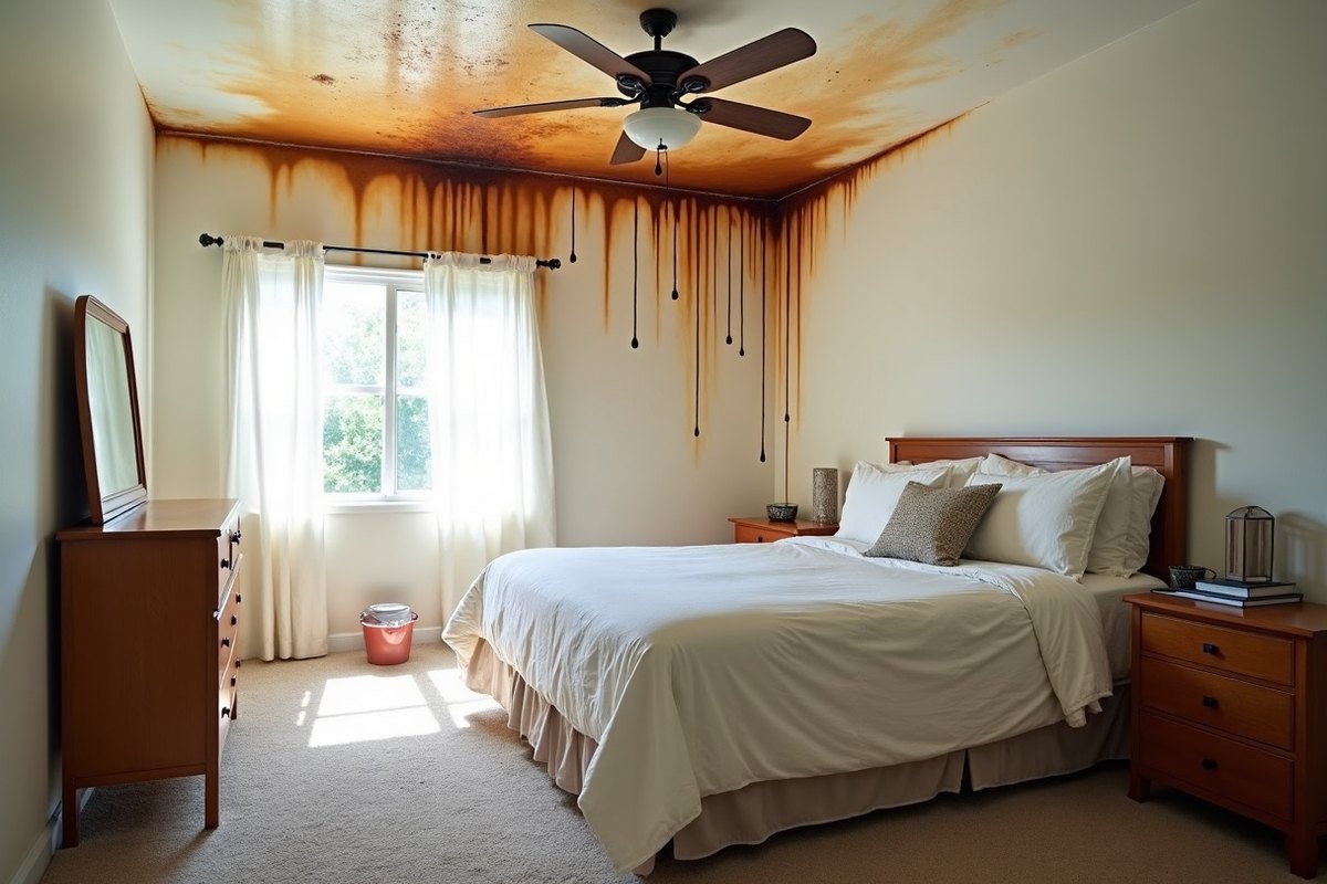 Water dripping from a stained ceiling into a bucket in a Houston bedroom