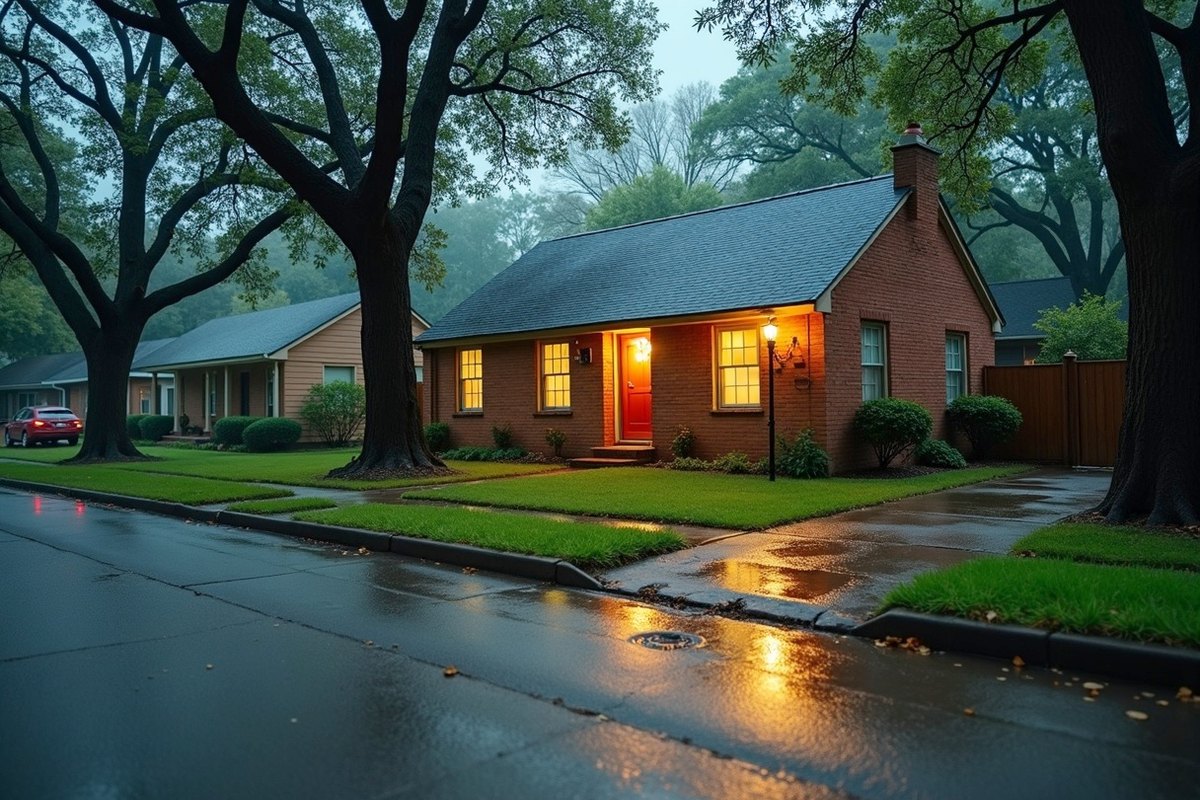 Brick home in a Houston neighborhood on a rainy evening with porch lights on and water running along the curb