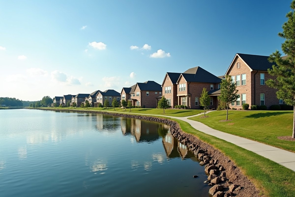 Two-story homes lining a calm man-made lake in a Cypress master-planned community, with a walking path and young trees
