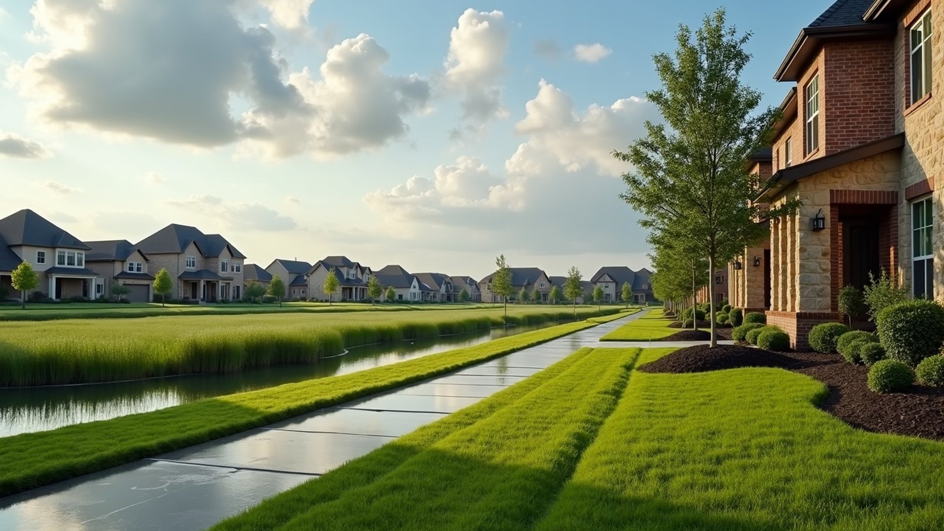 Newer two-story brick and stone home in a Cypress, Texas subdivision after a heavy storm, with a wet lawn and a grassy detention pond beyond