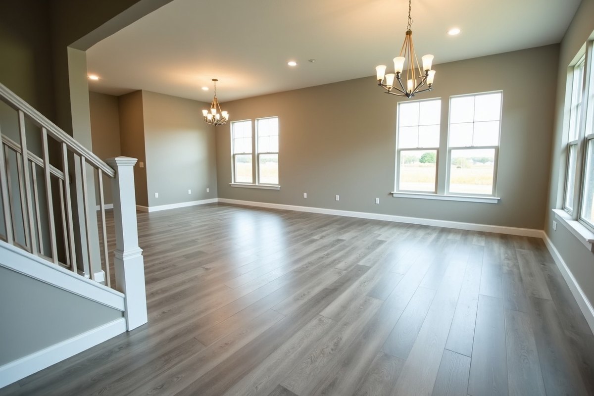 Wet laminate flooring and swollen baseboards in the downstairs living room of a two-story Cypress home