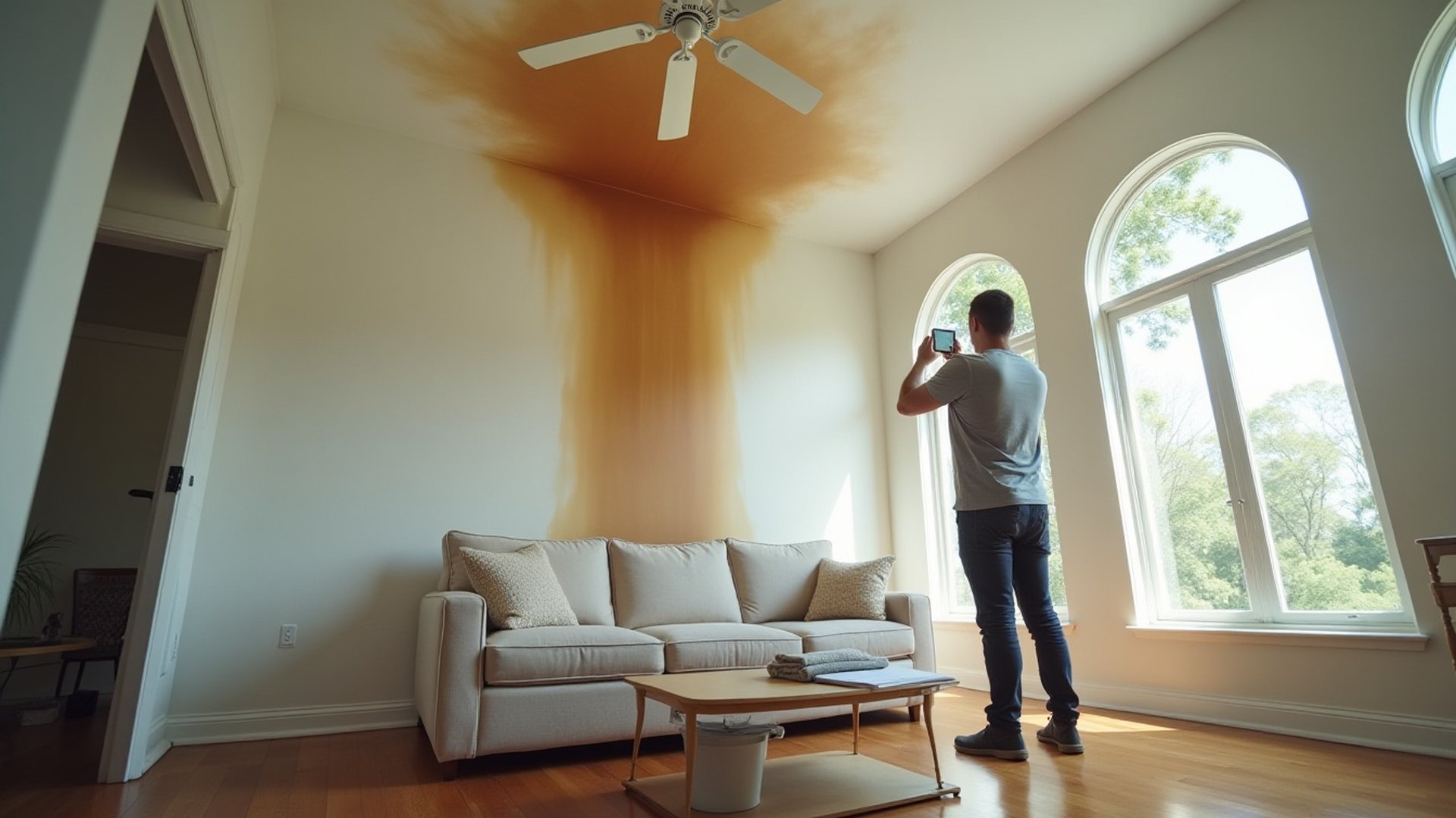 Homeowner seen from behind photographing a water-stained ceiling and wet floor in a Houston living room with a phone