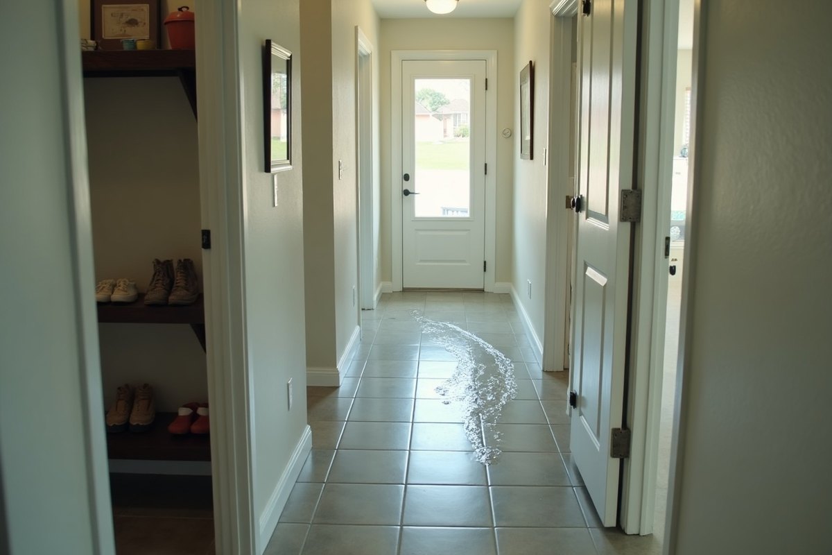 Shallow clean water spreading across a tile entry hall in a Houston apartment from under a closet door