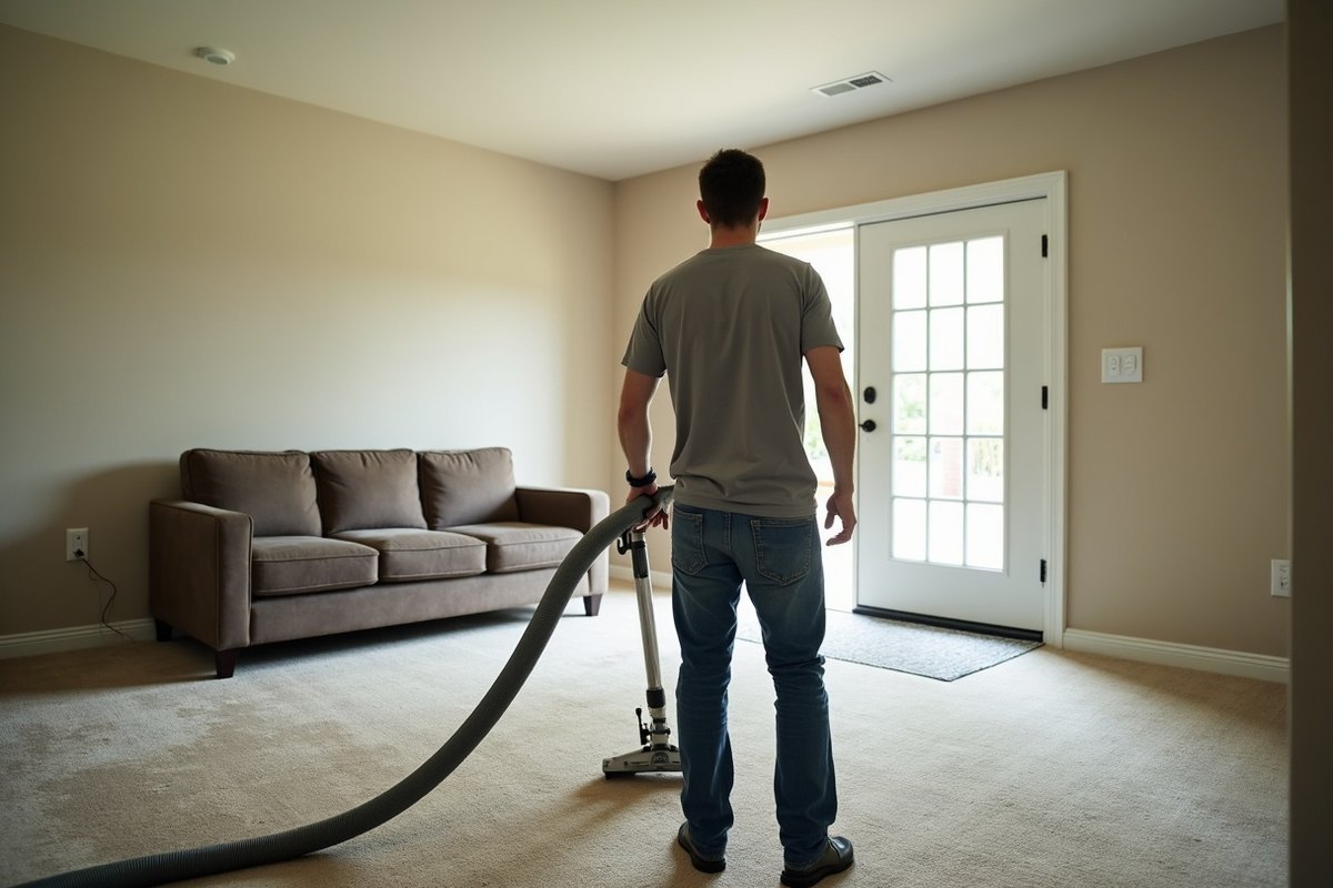 Water being extracted from a soaked beige carpet in a Houston living room, with the wet area clearly darker than the dry carpet around it