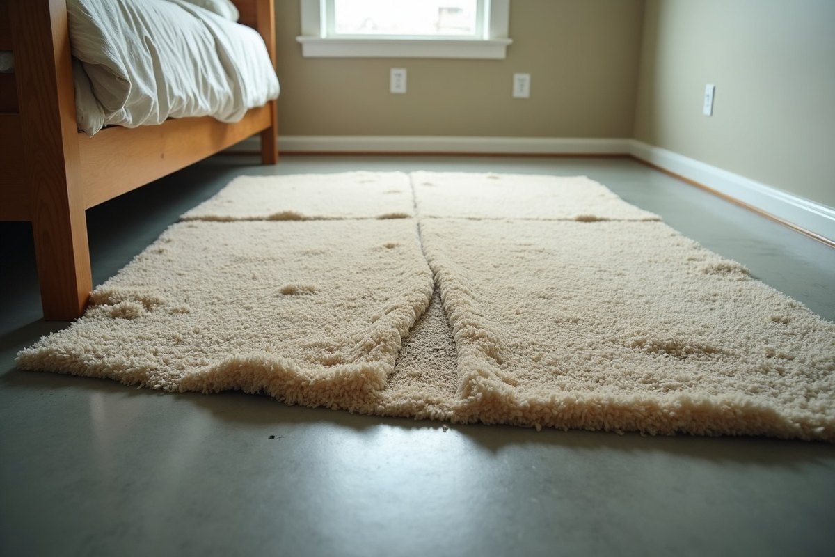 Wet carpet pulled back from the corner of a Houston bedroom showing soaked foam pad over a concrete slab