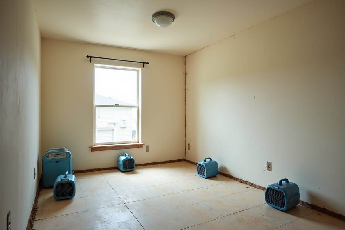 Empty room in a Houston home with baseboards removed and drying fans aimed at the lower walls