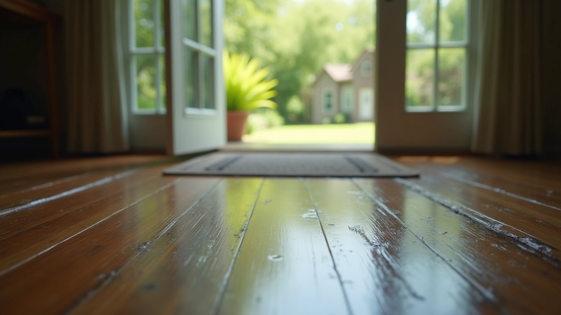 Wet hardwood floor with cupped boards near a back door in a Houston home after a storm
