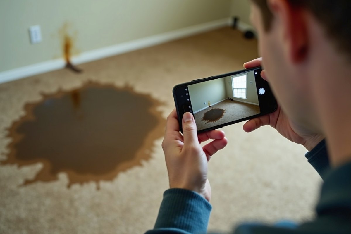 Person seen from behind photographing a water-stained wall with a phone in a Houston home