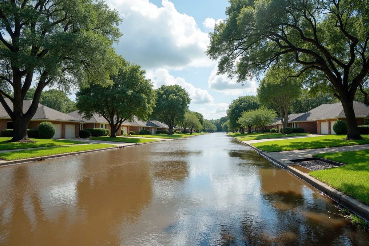 A flat Houston residential street with brown water covering the road and lapping at driveways of brick homes after heavy rain