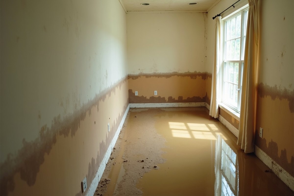 Interior wall of a Houston home with a brown waterline across the drywall about knee height and wet carpet below
