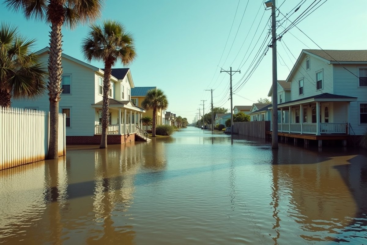 Low street on the bay side of Galveston Island with receding water, raised homes on piers and wet debris lines on fences