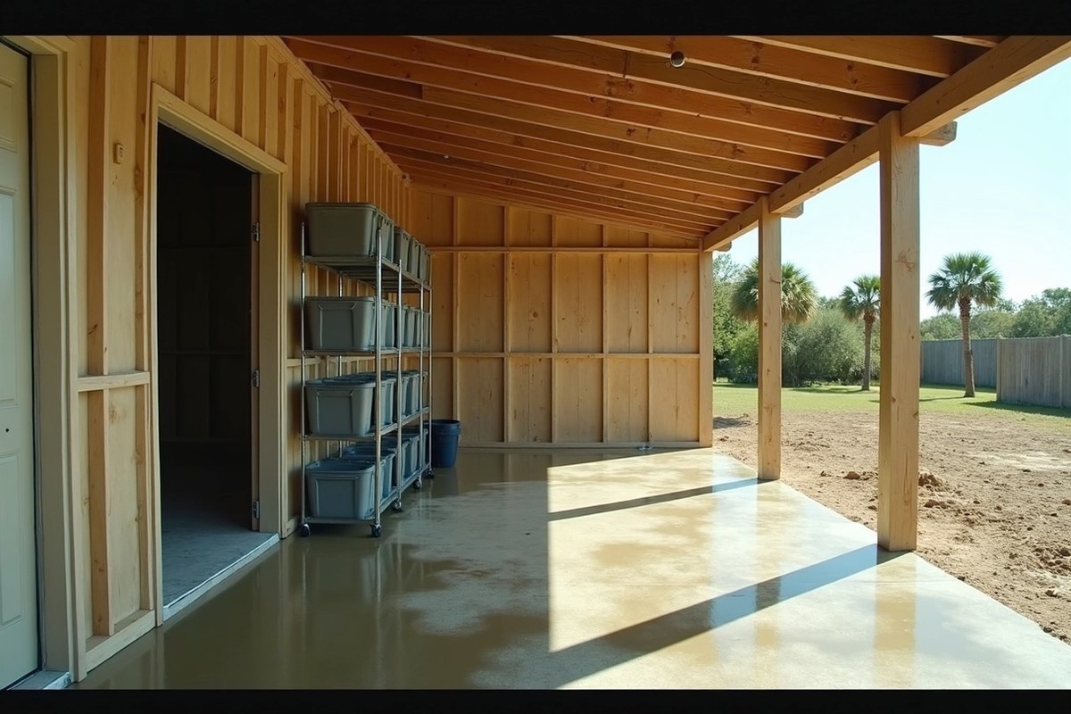 Ground level storage area under a raised Galveston home with a wet concrete slab, a damp lower wall and items moved to high shelves