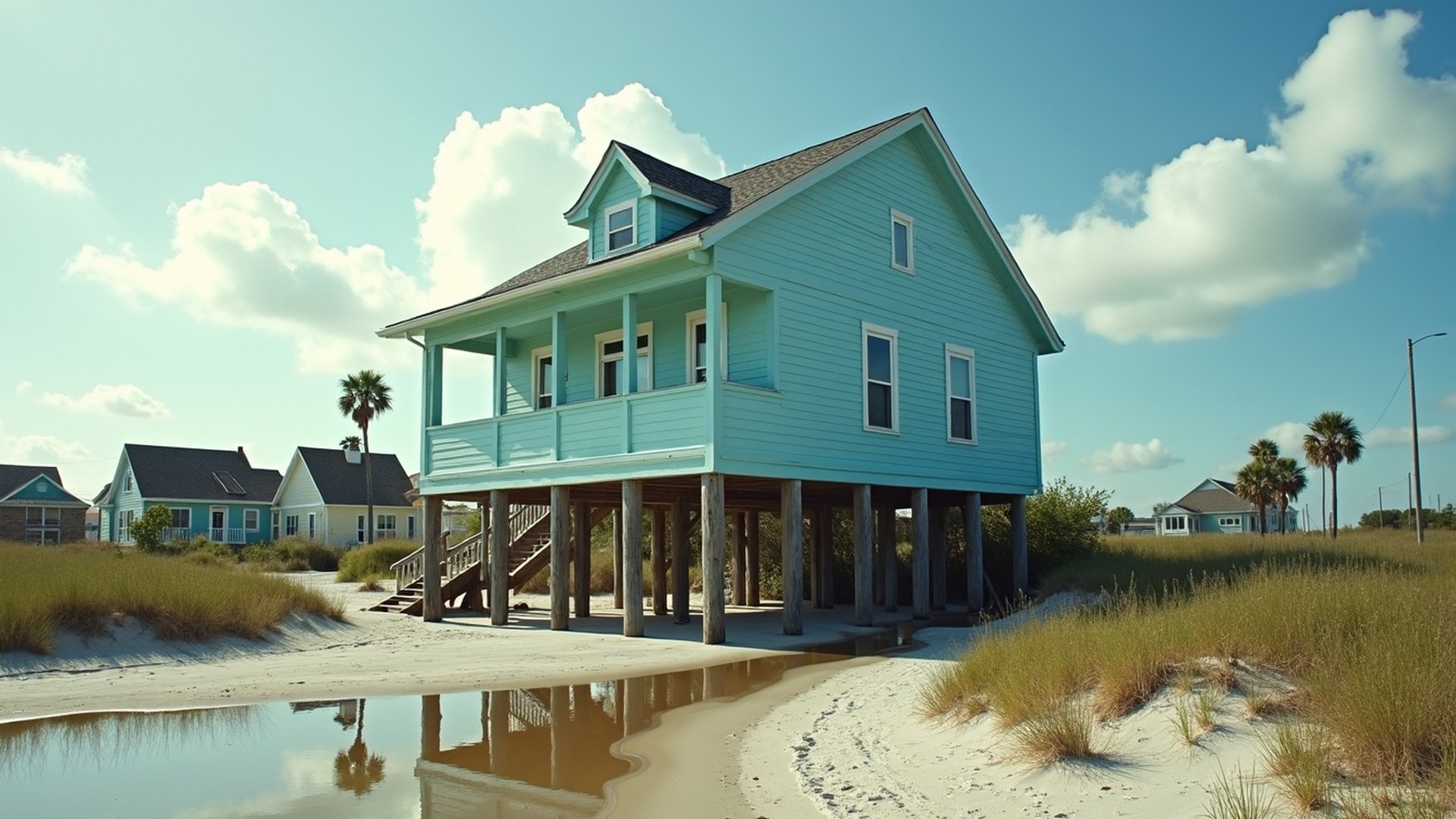 Raised wood frame home on tall pilings on Galveston Island under a clearing sky, with a wet sandy yard and puddles beneath the house