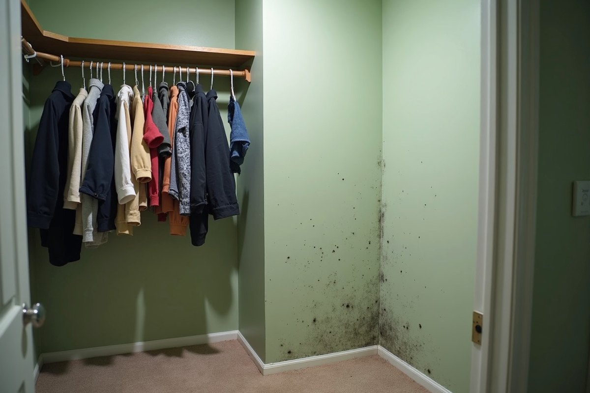 Small dark mold spots starting along the bottom of a closet wall behind hanging clothes in a Houston home