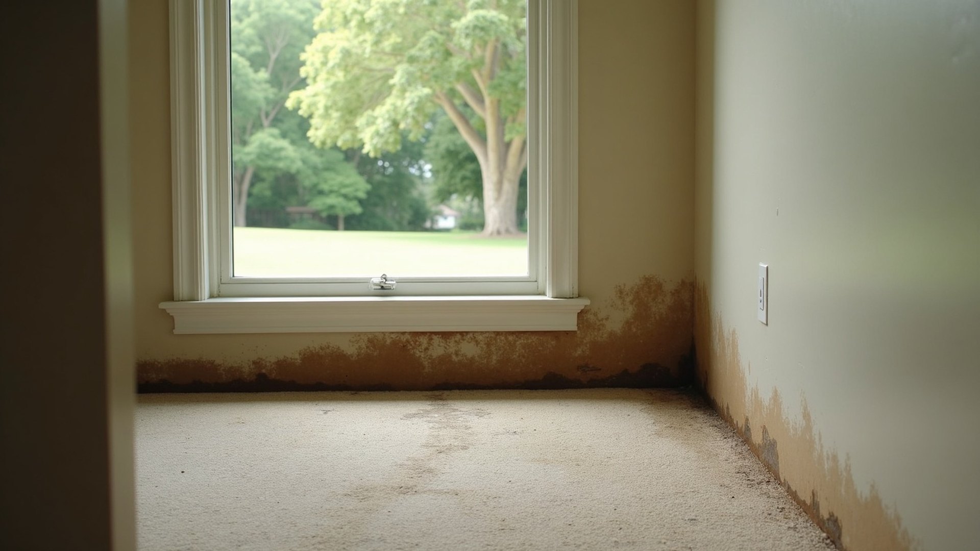 Wet carpet pulled back from a wall in a Houston home on a humid morning, with condensation on the window behind it