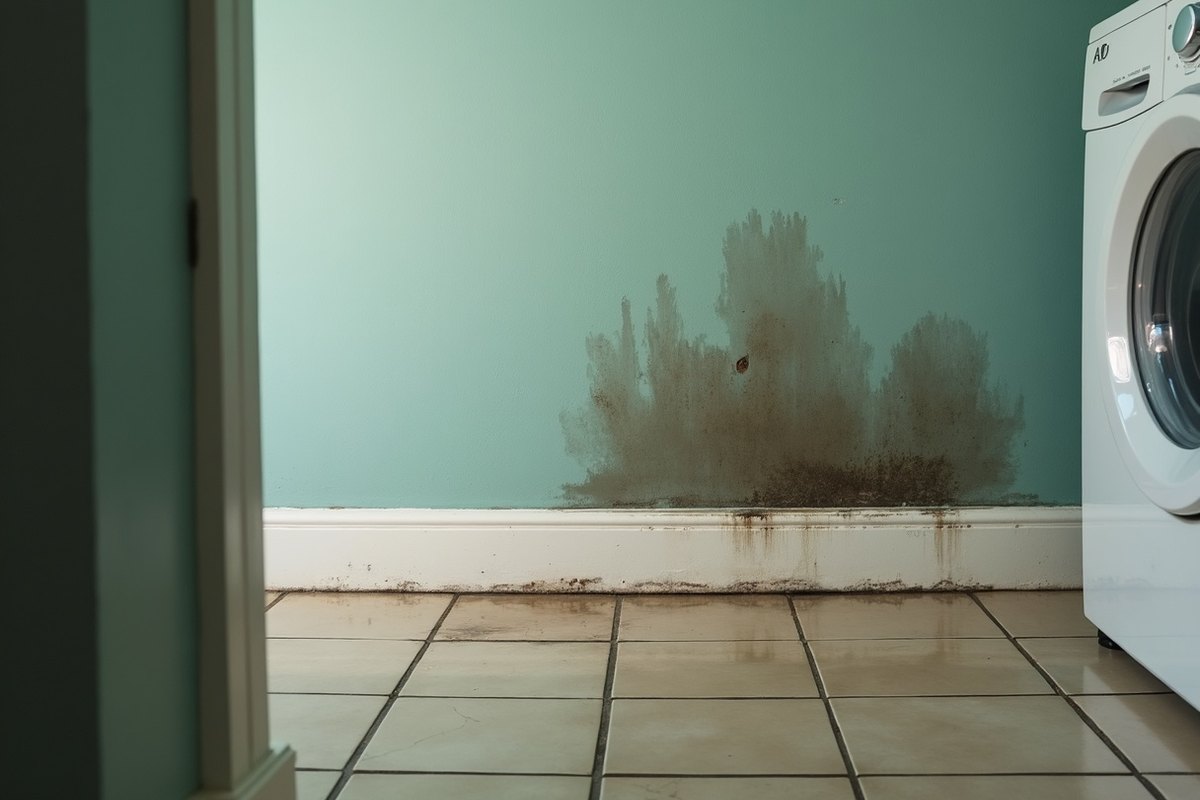 Water-darkened drywall wicking up above a baseboard in a Houston home after a washing machine leak