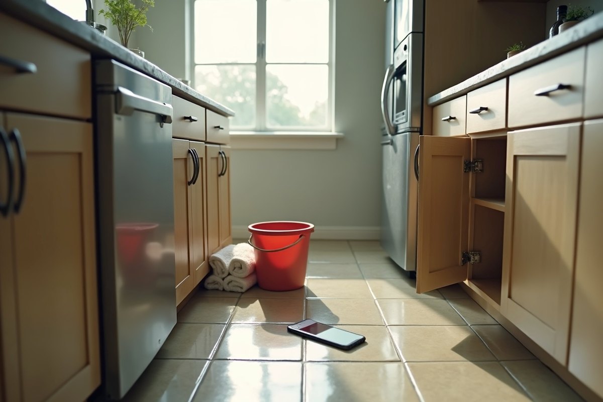 Phone resting on a kitchen counter beside an open sink cabinet with towels on the wet floor below