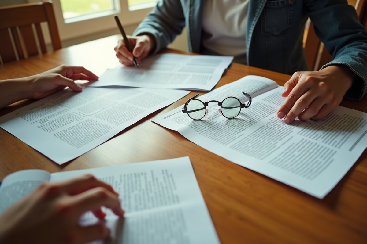 Hands holding printed estimate pages at a dining table in a Houston home, with reading glasses and a pen nearby