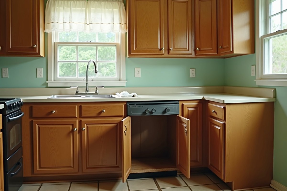 Kitchen in an older Humble home with a damp cabinet base and wet floor tiles below the sink after a slow plumbing leak