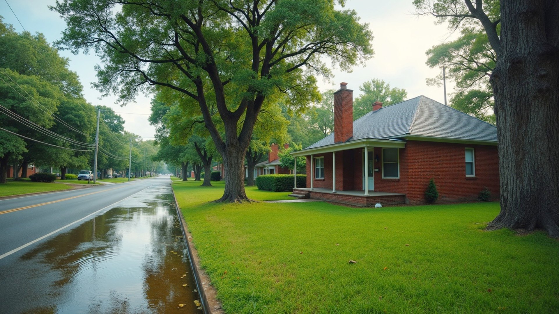 Older brick home on a tree-shaded street in Humble with rain-soaked grass and water standing in the ditch